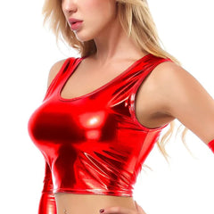 Glossy Scoop Neck Crop Top for Women Red | Rave Set