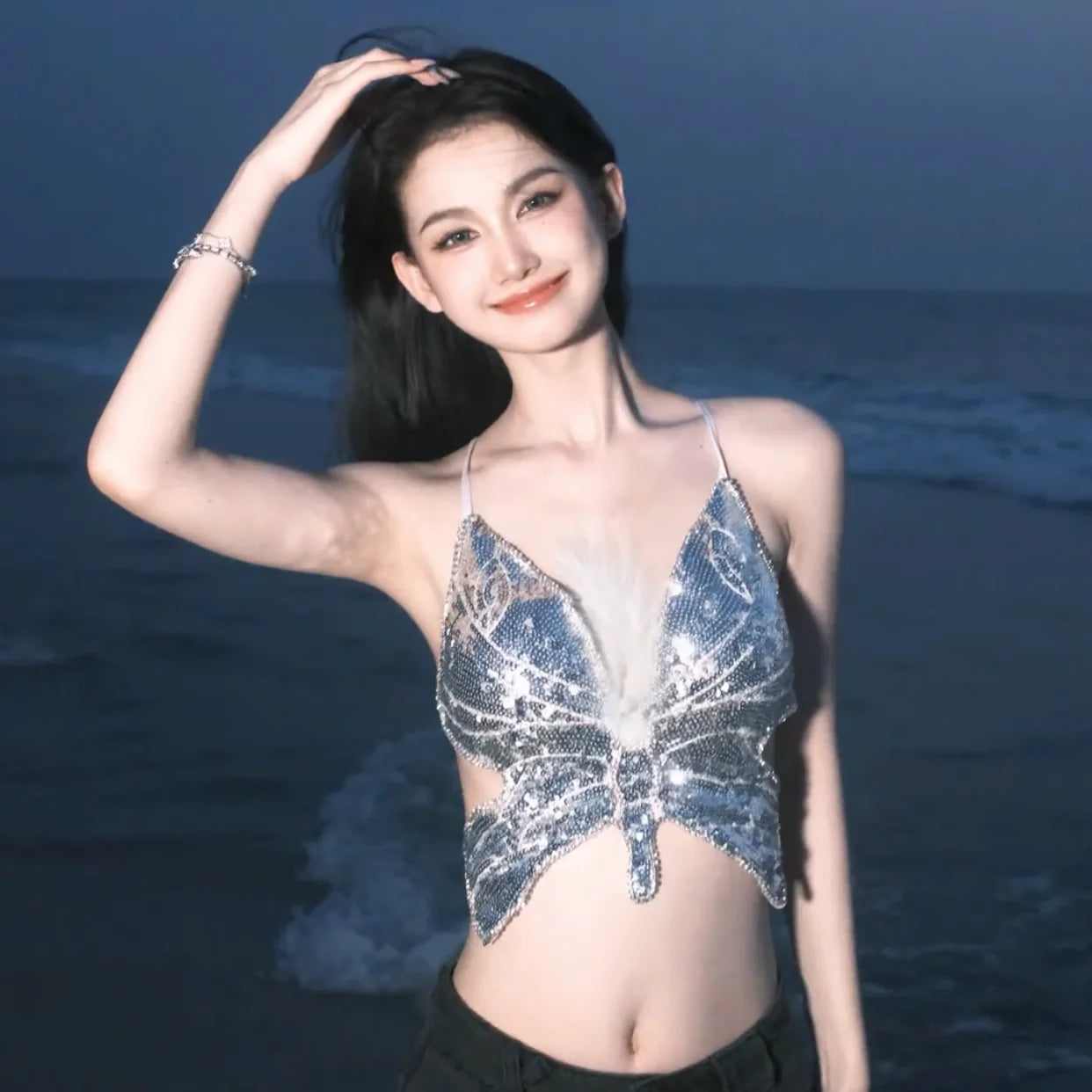 Sparkle Butterfly Crop Top for Women Silver_Front View
