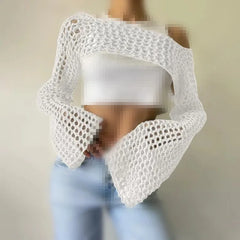 Knit Flare Sleeve Crop Shrug for Women White | Rave Set