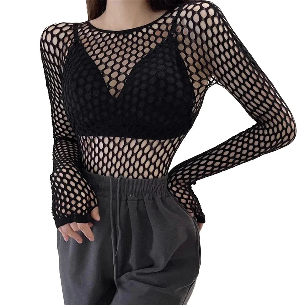 Dark Aura Crew  Neck Sheer Top for Women | Rave Set