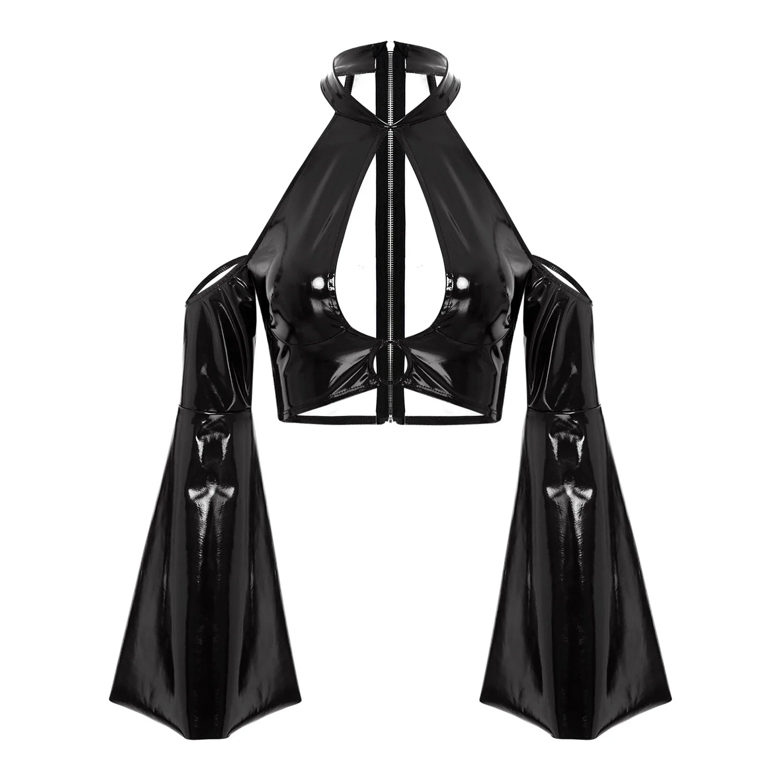Glossy Back Zip Halter Crop Top for Women Black_Front View