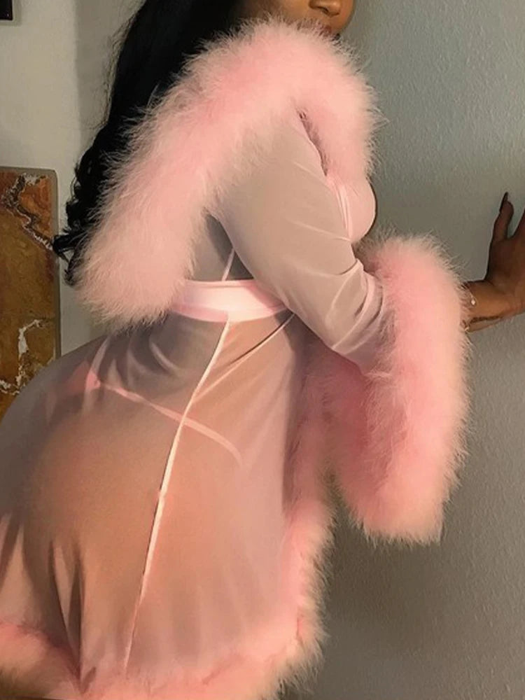 Sheer Mesh Flare Sleeve Bow Tie Jacket for Women Fairy Pink_Back View