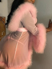 Sheer Mesh Flare Sleeve Bow Tie Jacket for Women Fairy Pink_Back View