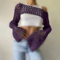 Knit Flare Sleeve Crop Shrug for Women Dark Purple | Rave Set