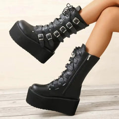 Noir Matte Women’s Buckle Platform Boots | Rave Set