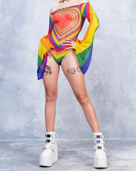 Rainbow Heart Print Off Shoulder Bodysuit for Women | Rave Set
