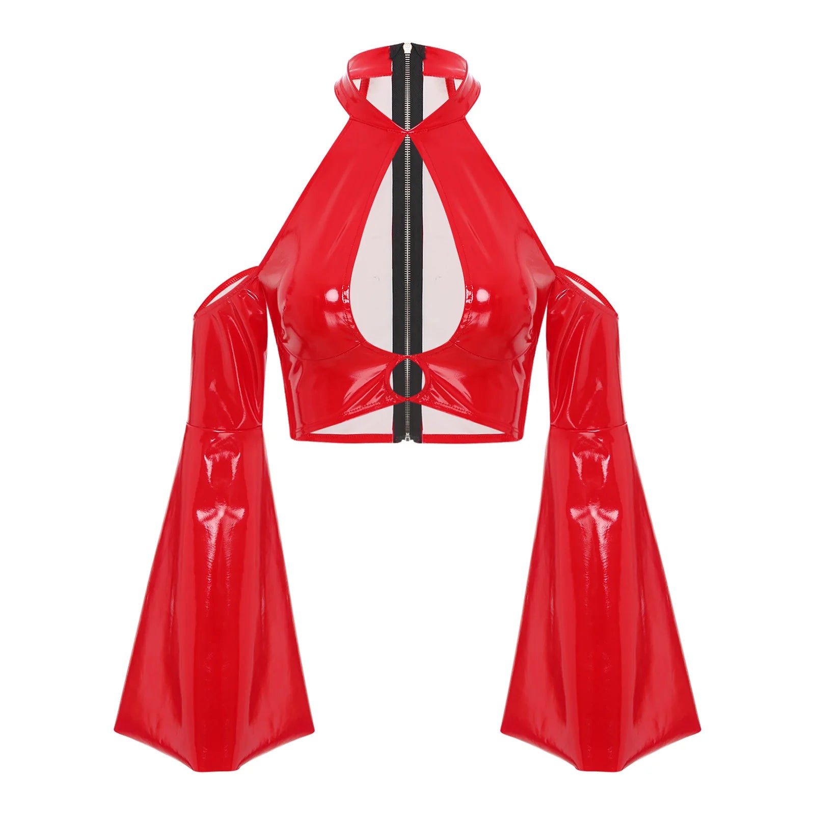 Glossy Back Zip Halter Crop Top for Women Red_Front View