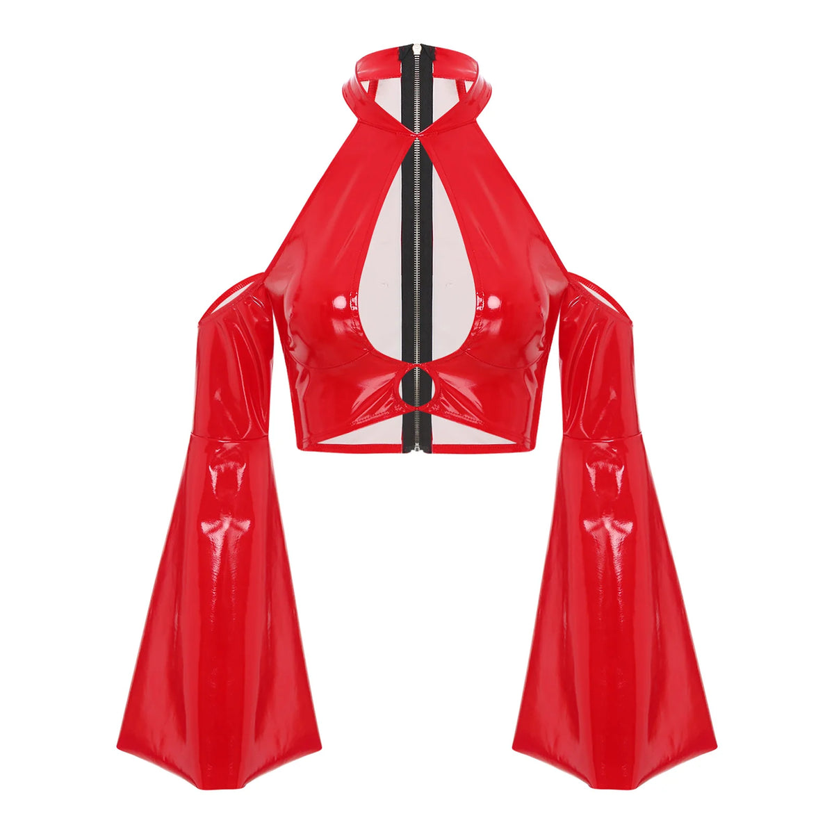 Glossy Back Zip Halter Crop Top for Women Red_Front View