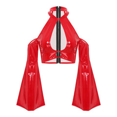 Glossy Back Zip Halter Crop Top for Women Red_Front View