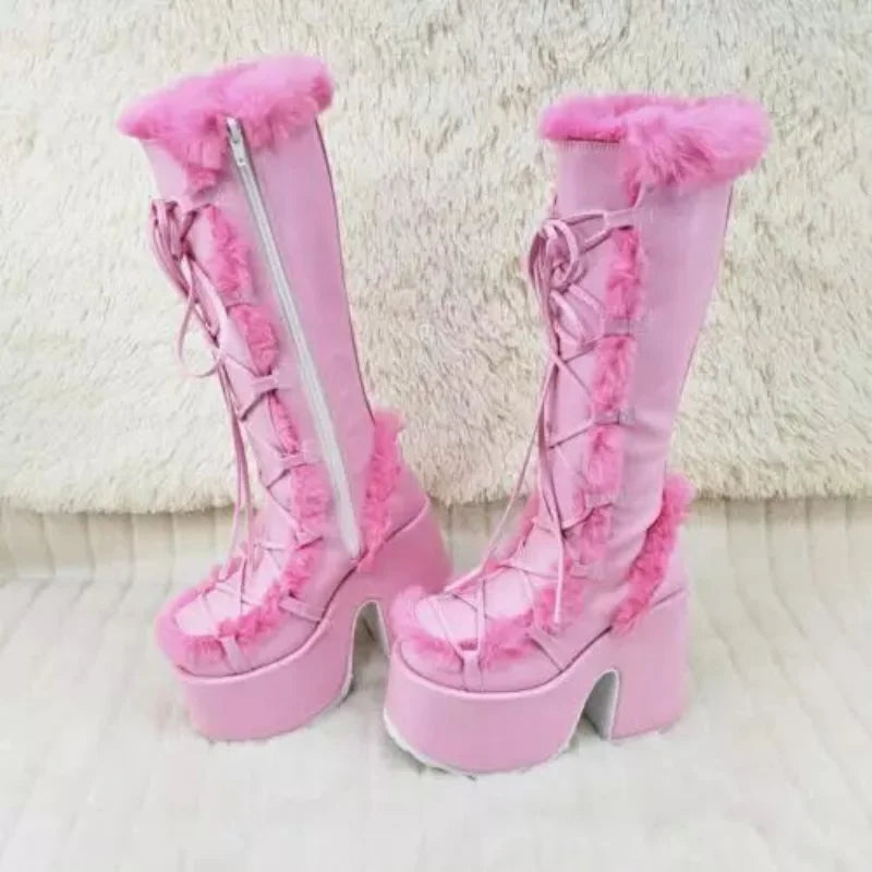 Classy Faux Fur Wedge Pink Winter Boots | Rave Set