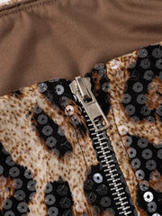 Leopard Print Sequin Crop Top for Women Khaki | Rave Set