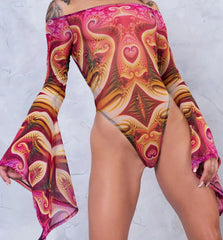 Golden Swirl Print Off Shoulder Bodysuit for Women | Rave Set