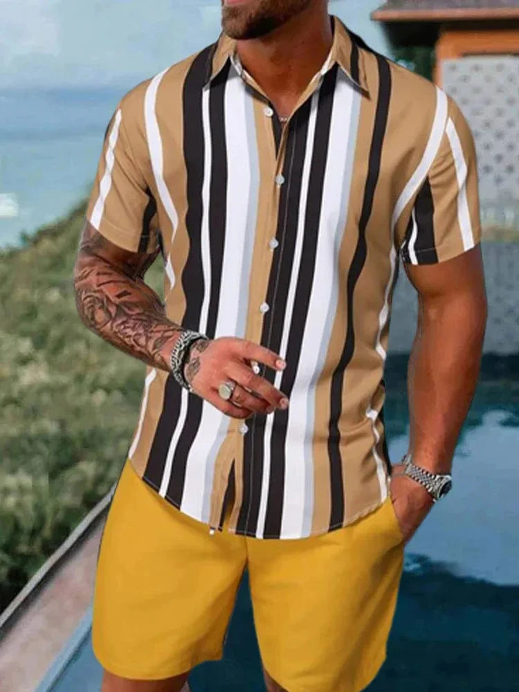 Men’s 2-Piece Short Sleeve Shirt and Shorts in Brown Stripes_Front View