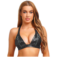 Shiny Latex O-Ring Y-Back Bralette Black for Women_Front