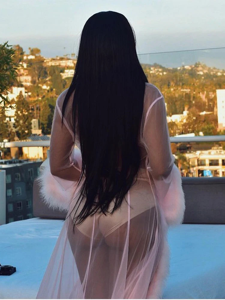 Sheer Mesh Flare Sleeve Bow Tie Jacket for Women Pink_Back View