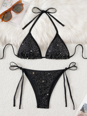 Sequin Triangle Bikini Set for Women in Black_Front