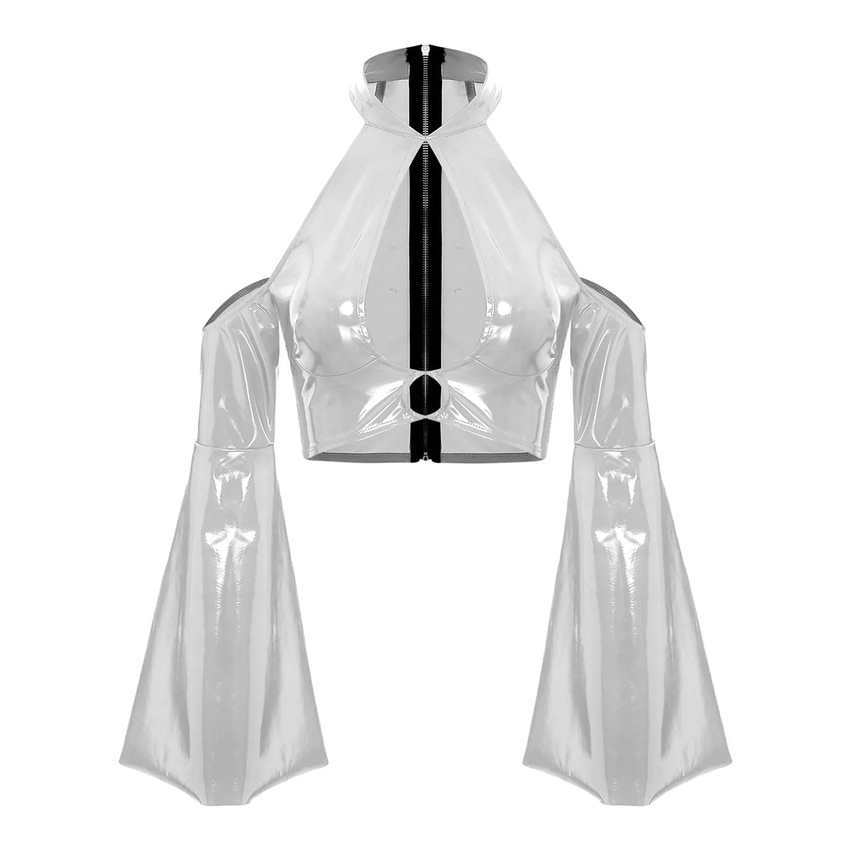 Glossy Back Zip Halter Crop Top for Women Silver_Front View