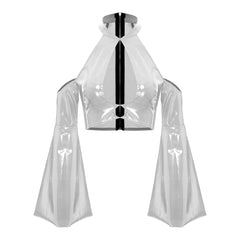 Glossy Back Zip Halter Crop Top for Women Silver_Front View