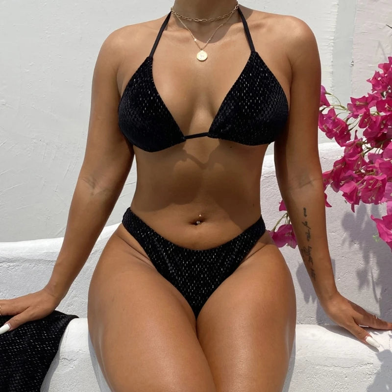 Black Bikini 3 Piece Set with Wrap Skirt for Women_Front View