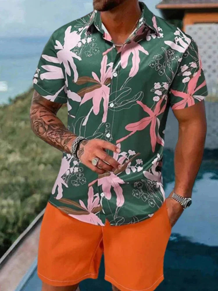 Men’s 2-Piece Short Sleeve Shirt and Shorts in Green Floral_Front View