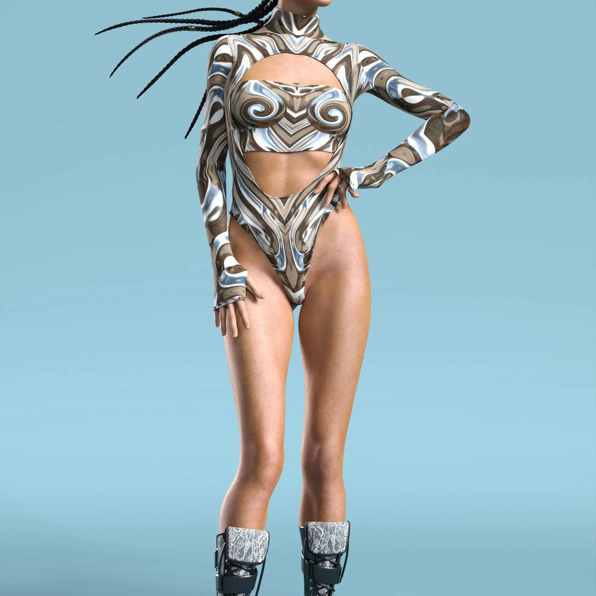 Swirl 3D Print Cutout Bodysuit for Women | Rave Set