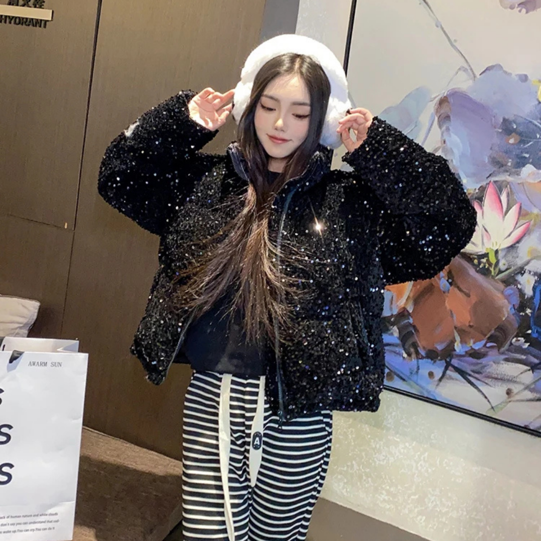 Sequin Puffer Down Jacket for Women Black | Rave Set