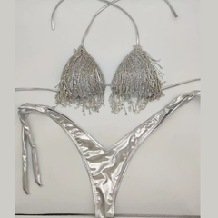 Crystal Drip Women's 2Pc Silver Bikini Set | Rave Set