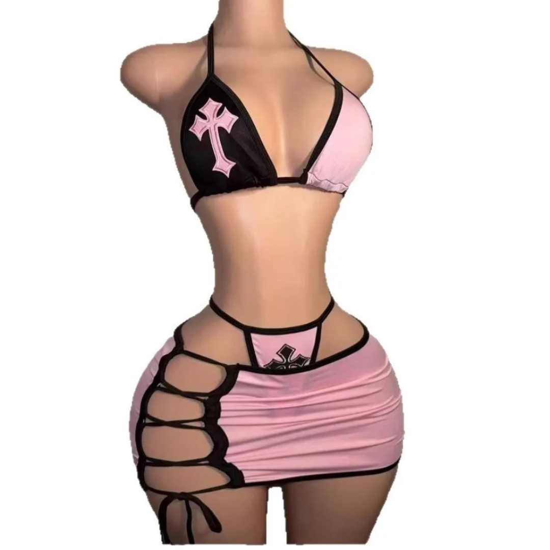 3-Piece Bikini Set with Hollow Skirt for Women_Front View