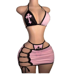3-Piece Bikini Set with Hollow Skirt for Women_Front View