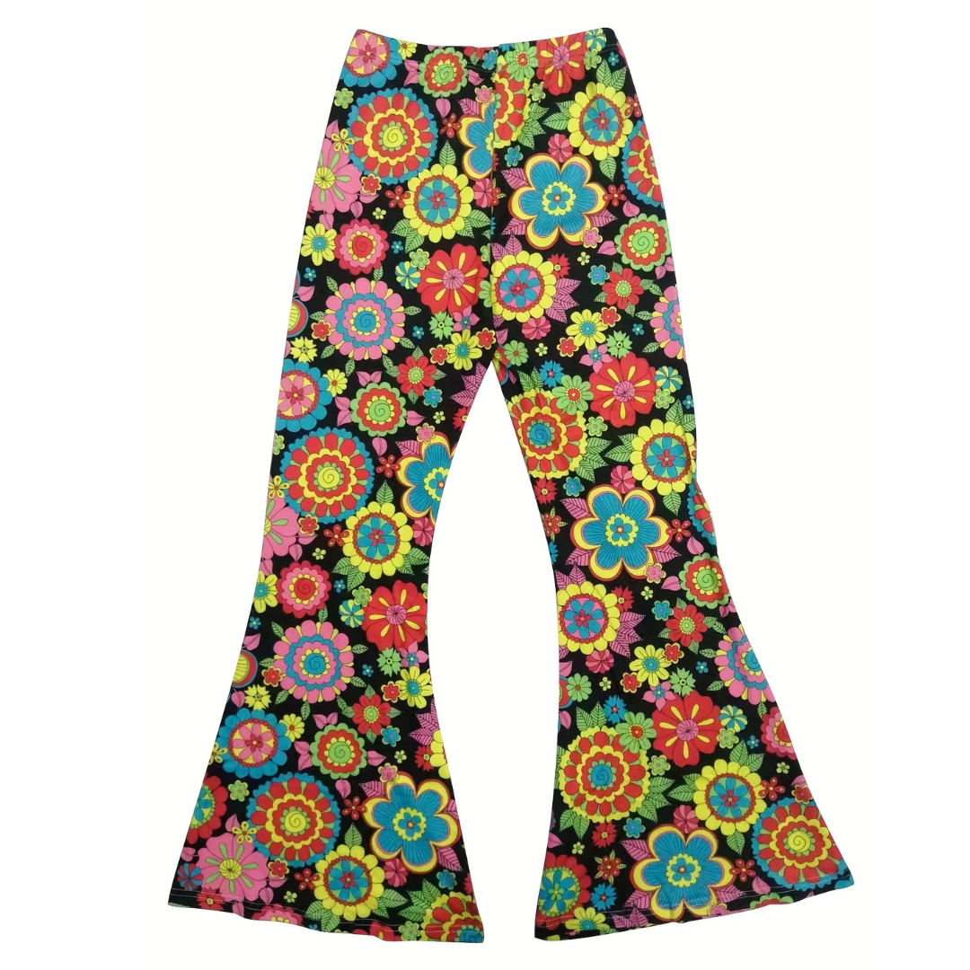 Floral Print Elastic Bell Bottom Pants_Front