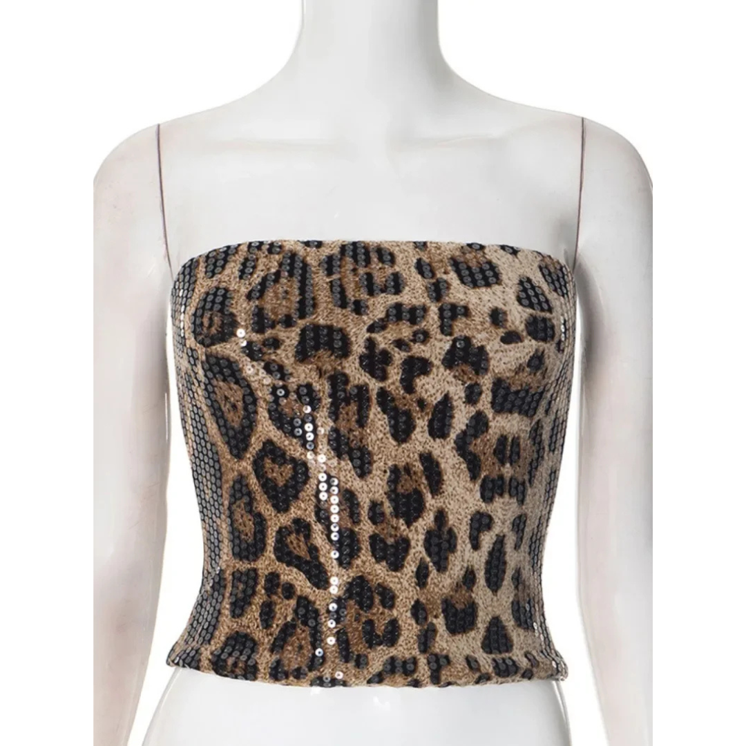 Leopard Print Sequin Crop Top for Women Khaki | Rave Set