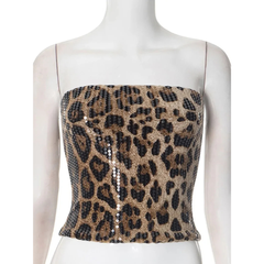 Leopard Print Sequin Crop Top for Women Khaki | Rave Set