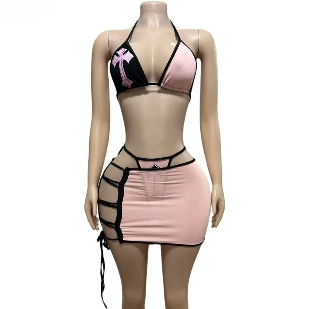3-Piece Bikini Set with Hollow Skirt for Women_Front View