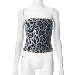 Leopard Print Sequin Crop Top for Women Gray | Rave Set