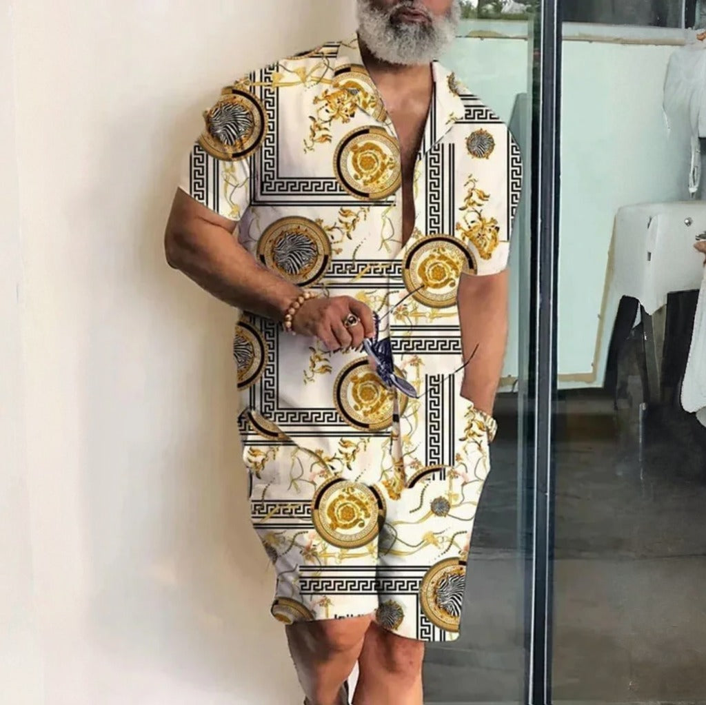 Men’s 2-Piece Short Sleeve Shirt and Shorts in Gold Baroque_Front View