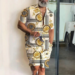 Men’s 2-Piece Short Sleeve Shirt and Shorts in Gold Baroque_Front View